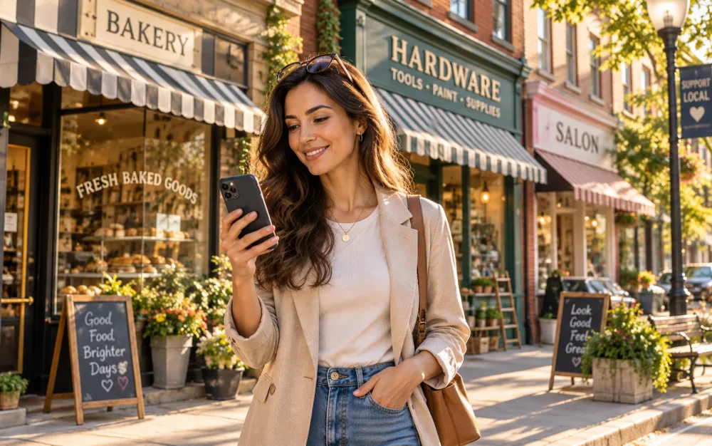 A woman on a small-town sidewalk looking up a local business on her phone