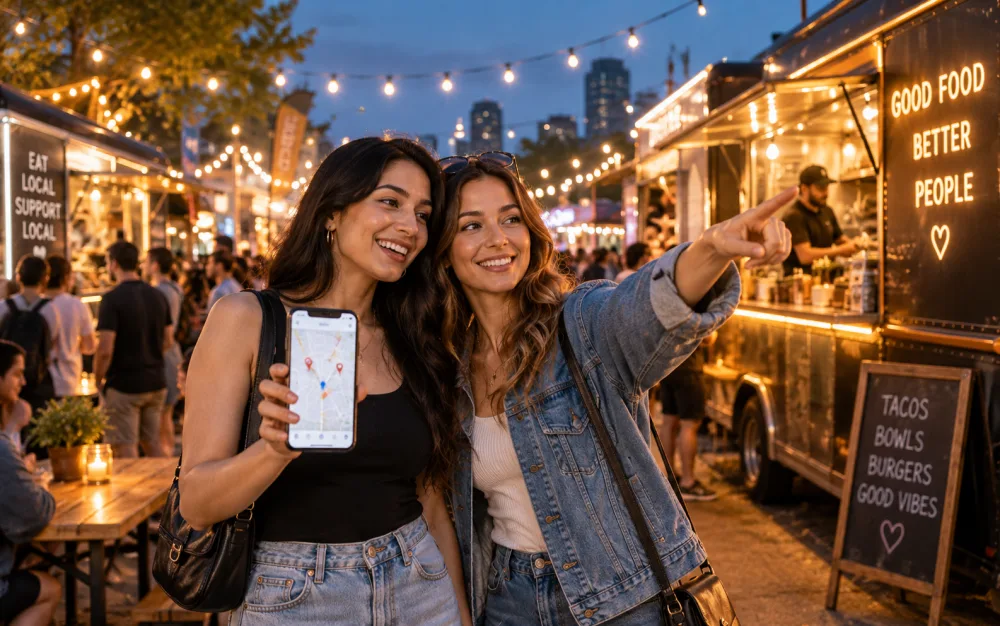 Two friends at an evening street food market checking a map on a phone