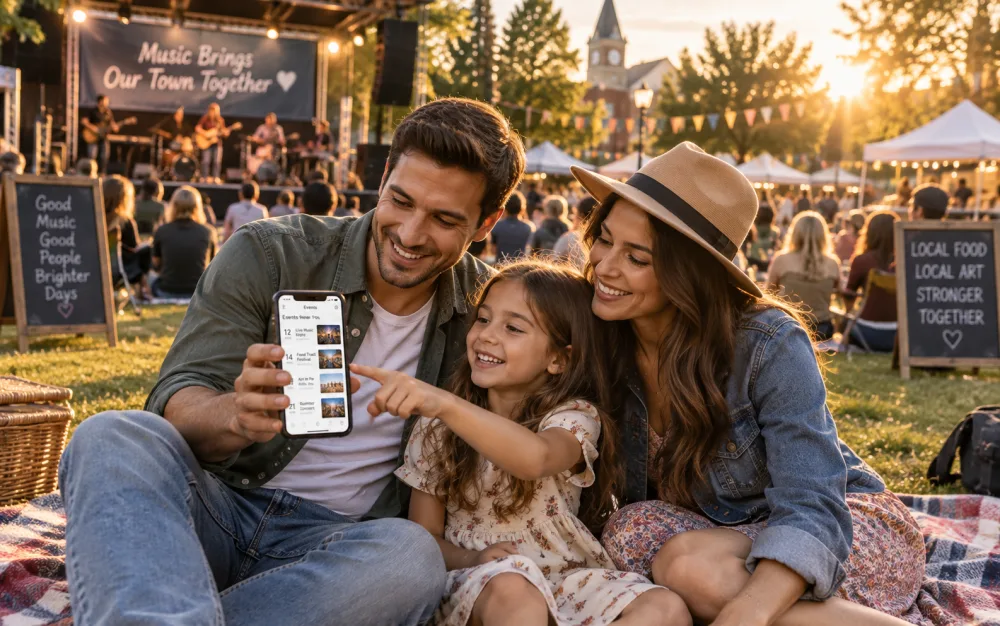 A family at an outdoor concert in a town park checking an events calendar