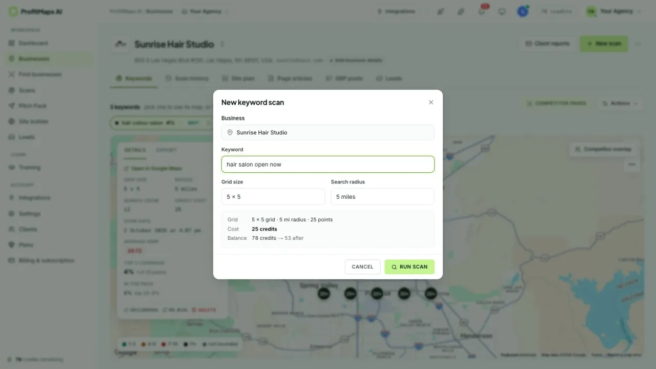 New keyword scan: business, keyword, 5x5 grid, radius and credit cost before you run it