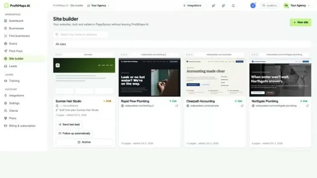 ProfitMaps AI website builder showing websites created for local businesses