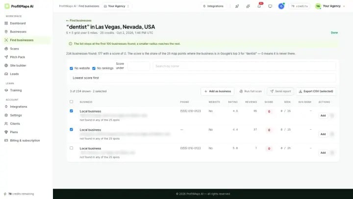 Real app: ticking several businesses in the Business Finder list to run one action on all of them