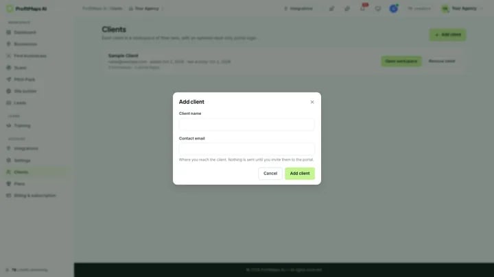 Real app: the Add client box asks for a client name and contact email. Nothing is sent until you invite them to the portal.