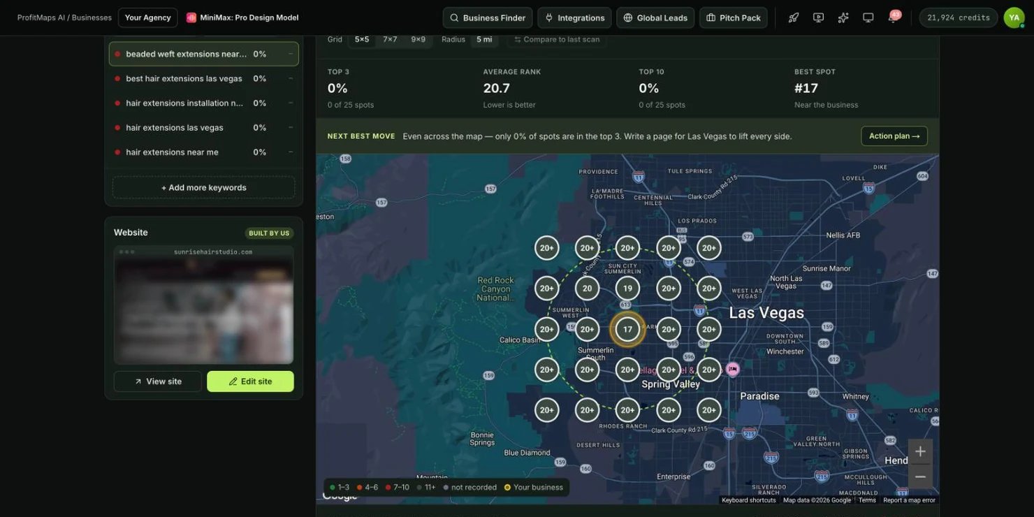 ProfitMaps AI dashboard showing a geographic map scan