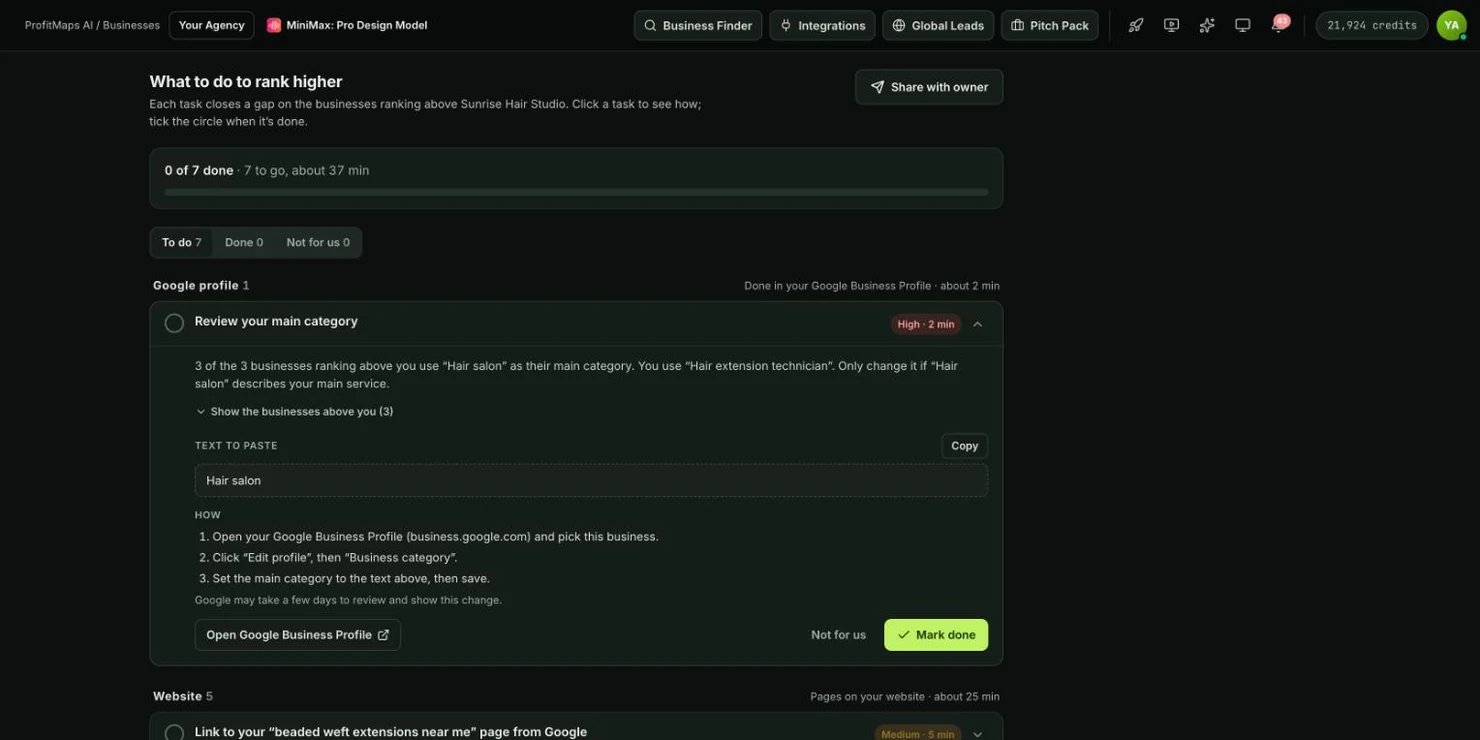 ProfitMaps AI plan: what to do to rank higher, 7 tasks with numbered steps