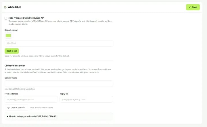 Real app: the White label card in Settings