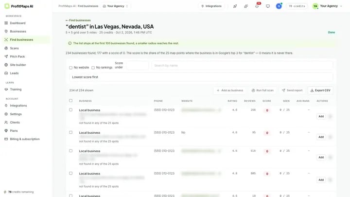 Real app: Business Finder results with a score for each business, names anonymised